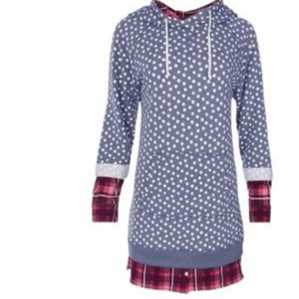 Polka Dot Lounge Hoodie With Plaid Accents- Small